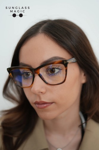 Tom Ford TF6064-B - 055 - 56 - KÉK-IBOLYA FÉNYT SZŰRŐ LENCSÉKKEL Optikai keretek Havanna Cat Eye (Macskaszem)